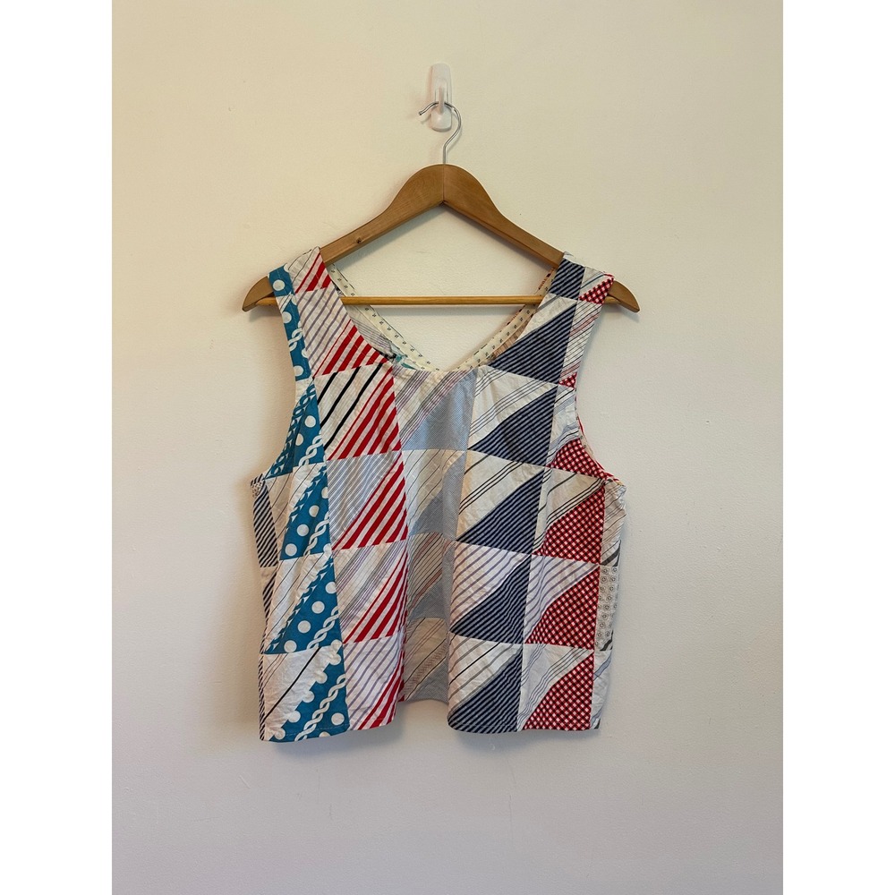 Handmade Patchwork Geometric V-Neck Tank Top in Multicolor Mixed Pattern
